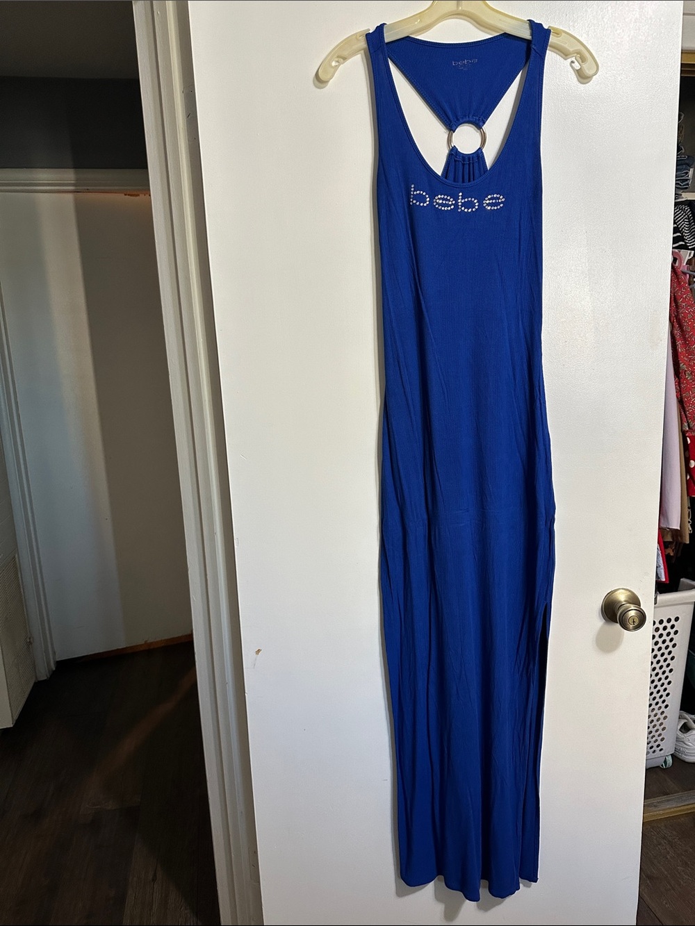 bebe Blue Sleeveless Maxi Dress with Rhinestone Logo